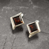 Square Garnet Earrings - Natural Garnet Studs - Red Square Earrings