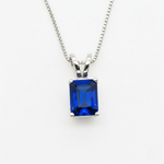 Created Sapphire Pendant made in 925 Sterling Silver with Baguette Created Blue Sapphire in Solitaire setting, September Birthstone gift idea, symbolizes sincerity, truth, and faithfulness, ideal for everyday wear and perfect for birthday gifting and special occasions.