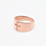 Rose gold plated ring over sterling silver, with cut out cross design. Wide band ideal as birthday gift and everyday ring.