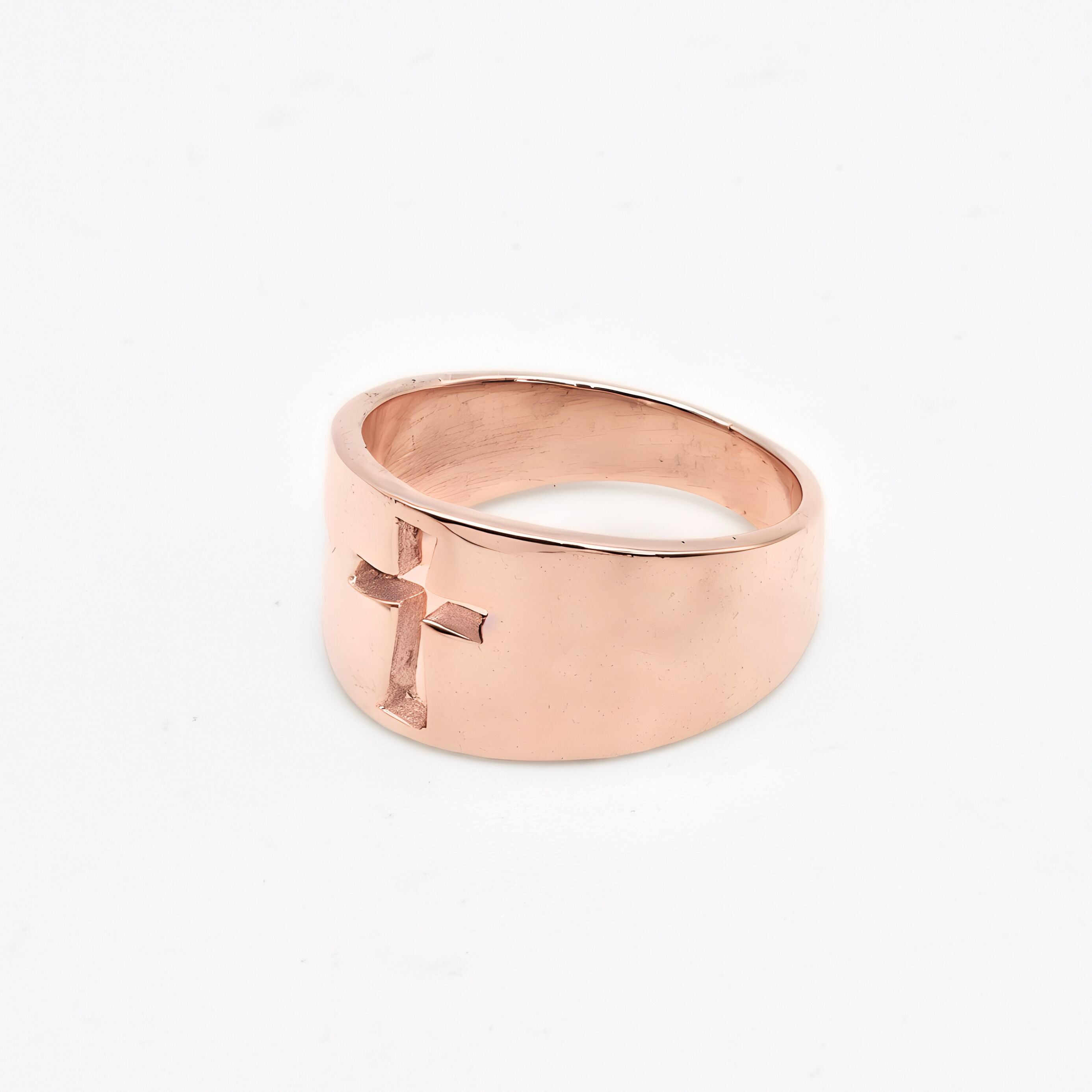 Rose gold plated ring over sterling silver, with cut out cross design. Wide band ideal as birthday gift and everyday ring.