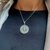 Compass Diamond Necklace, Vintage Compass Necklace, Silver Compass Pendant