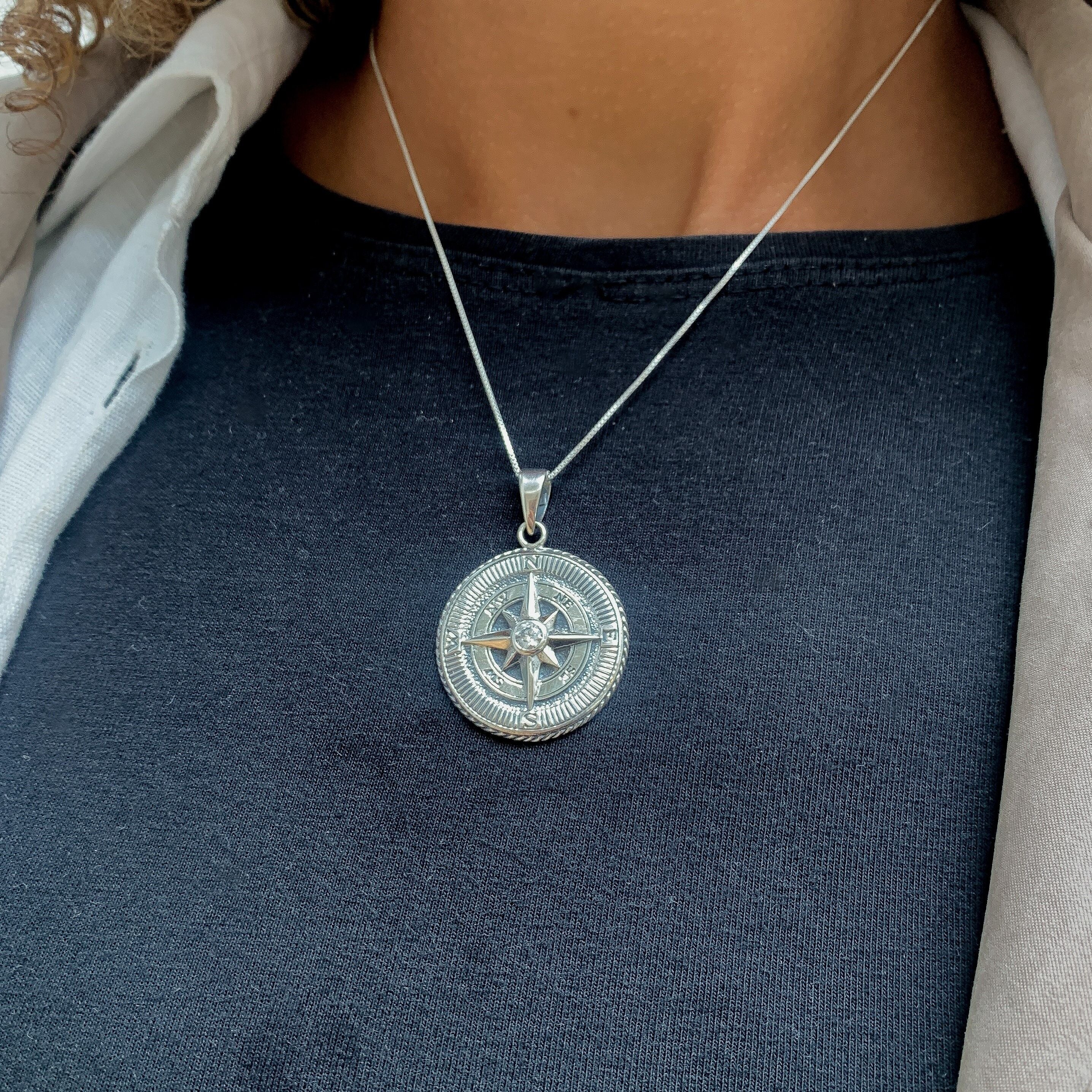 Compass Diamond Necklace, Vintage Compass Necklace, Silver Compass Pendant