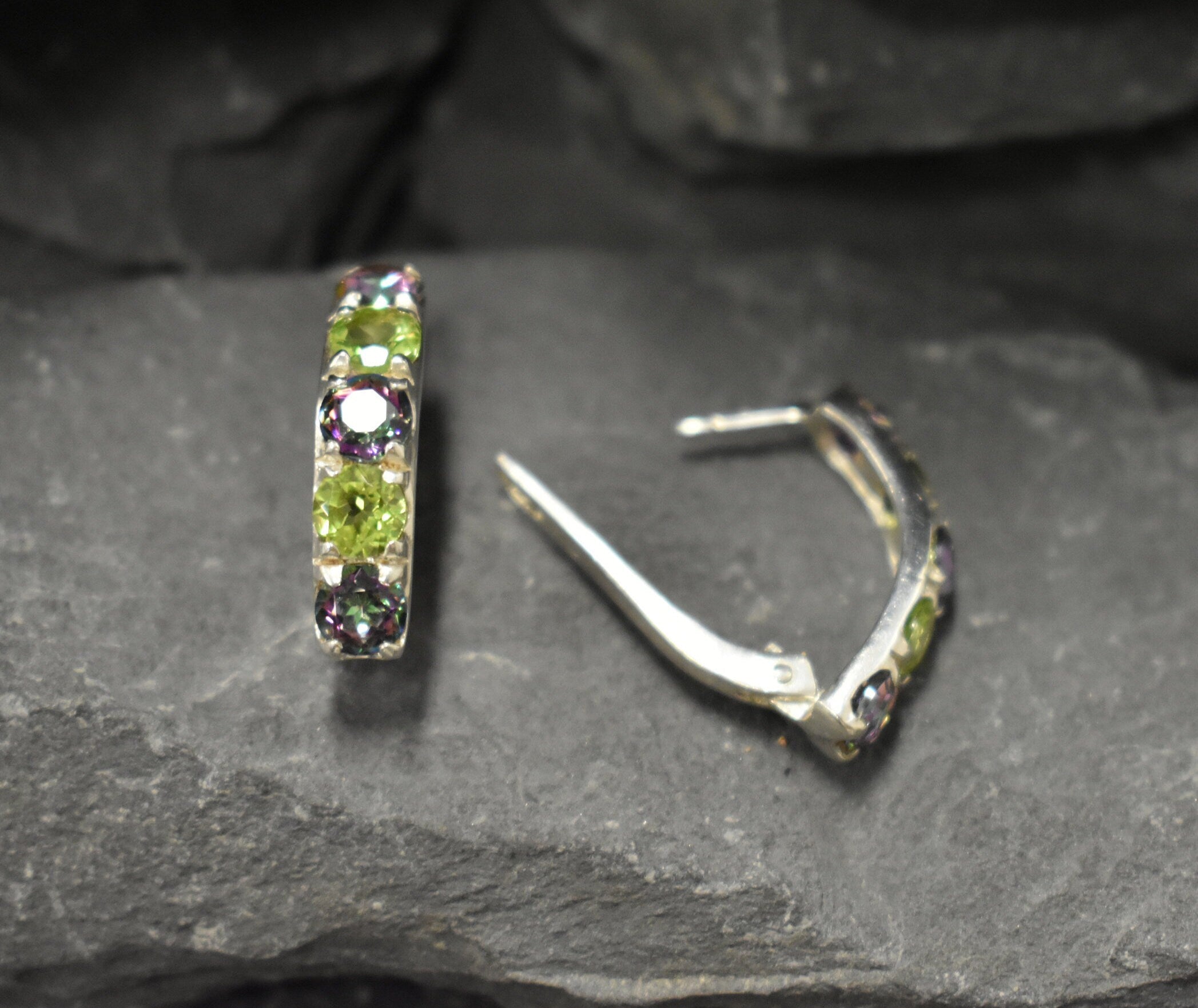 Sterling silver huggie earrings with Natural Mystic Topaz and Peridot, offering calming benefits of Peridot, ideal gemstone jewelry gift for birthdays and holiday celebrations