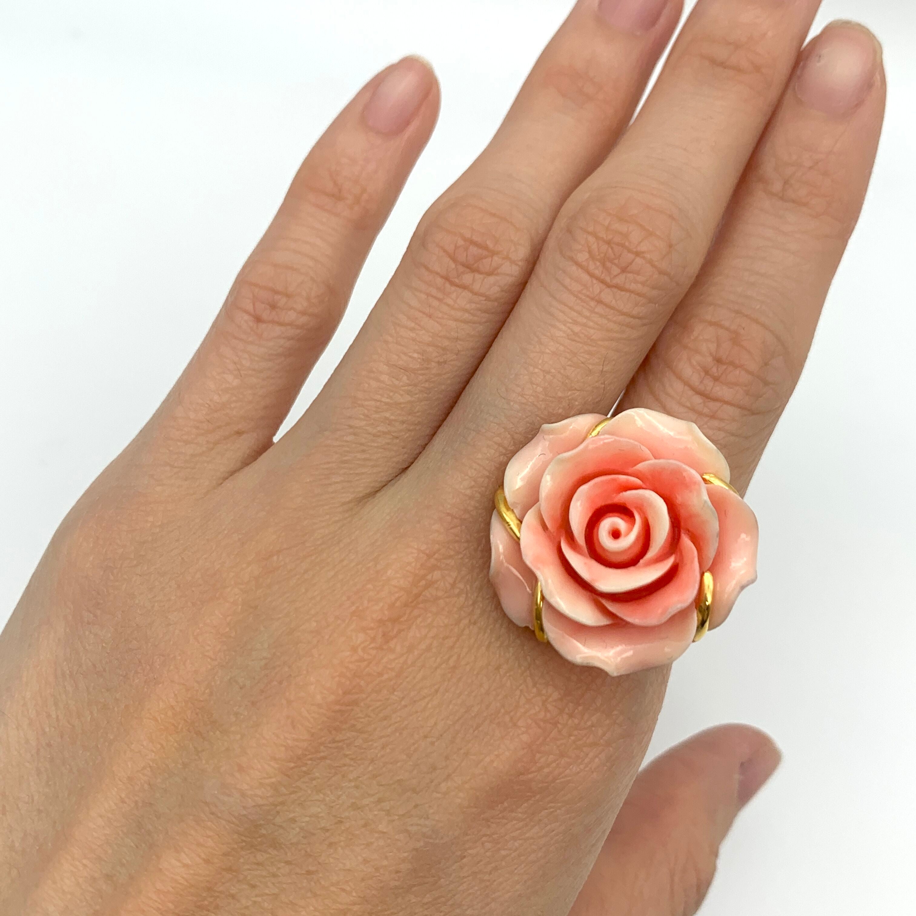 Large Rose Ring, Created Coral, Statement Ring, Flower Ring, Romantic Ring, Carved Ring, Large Pink Ring, Angel Skin Ring, Solid Silver Ring(1)