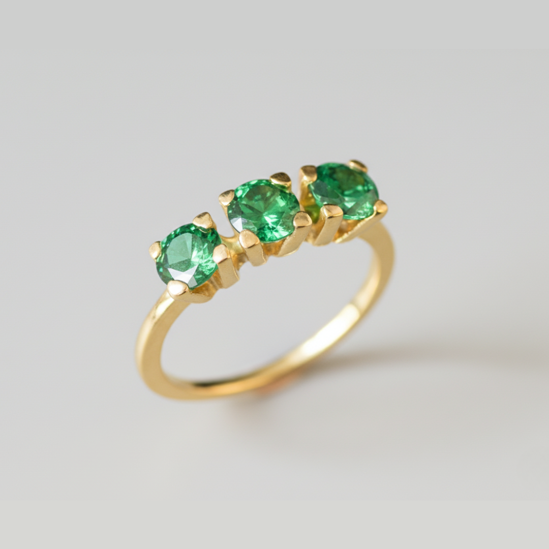 Created Emerald Ring made in 18k Gold Vermeil with Round Created Green Emerald in Three-Stone setting, May Birthstone gift idea, symbolizes, ideal for everyday wear and perfect for birthday gifting and special occasions.