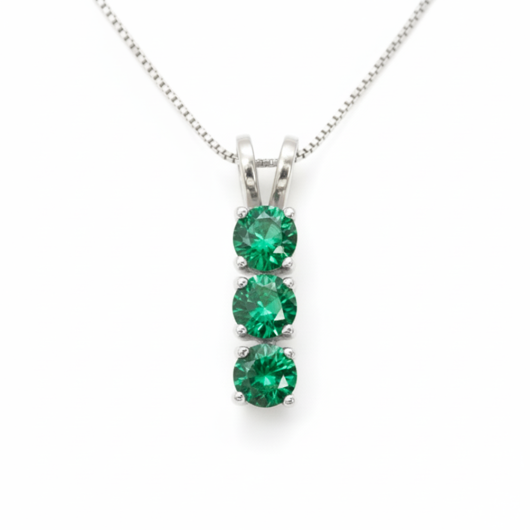 Created Emerald Pendant made in 925 Sterling Silver with Round Created Green Emerald in Three-Stone setting, May Birthstone gift idea, symbolizes, ideal for everyday wear and perfect for birthday gifting and special occasions.