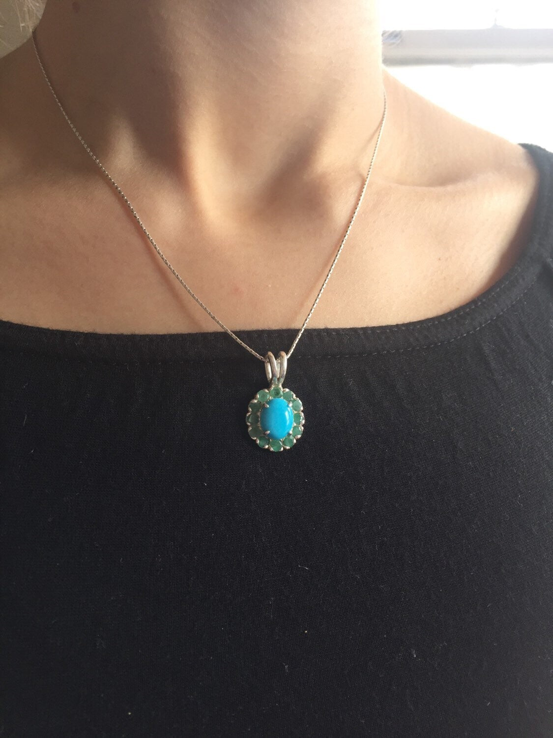Turquoise Necklace - Natural Turquoise Pendant - Emerald Flower