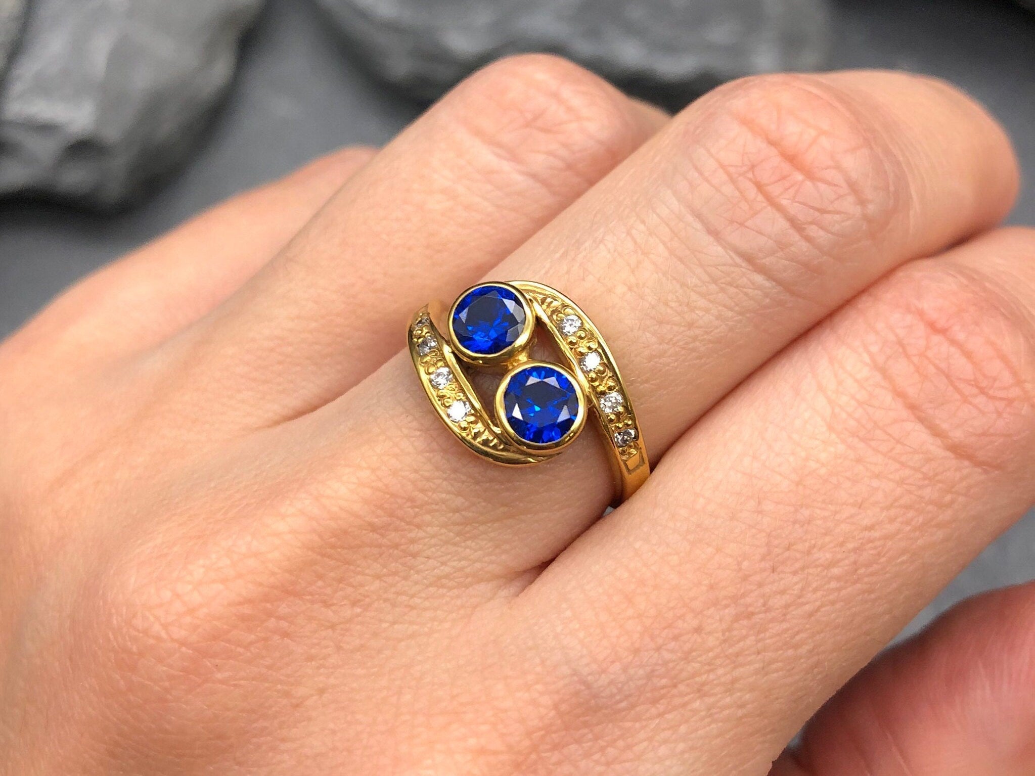 18k Gold Vermeil Sapphire Ring featuring Round Created Blue Sapphire, perfect for birthdays and special occasions.