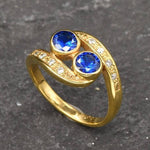 Created Sapphire Ring made in 18k Gold Vermeil with Round Created Blue Sapphire in Two-Stone setting, September Birthstone gift idea, symbolizes sincerity, truth, and faithfulness, ideal for everyday wear and perfect for birthday gifting and special occasions.