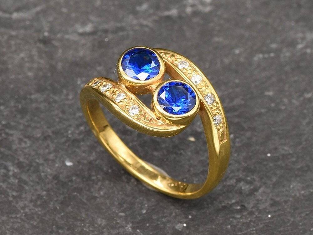 Created Sapphire Ring made in 18k Gold Vermeil with Round Created Blue Sapphire in Two-Stone setting, September Birthstone gift idea, symbolizes sincerity, truth, and faithfulness, ideal for everyday wear and perfect for birthday gifting and special occasions.