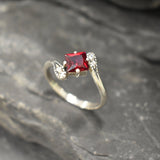 Square Garnet Ring, Natural Garnet, Antique Ring, January Birthstone, Red Vintage Ring, Engagement Ring, Dainty Ring, Sterling Silver Ring