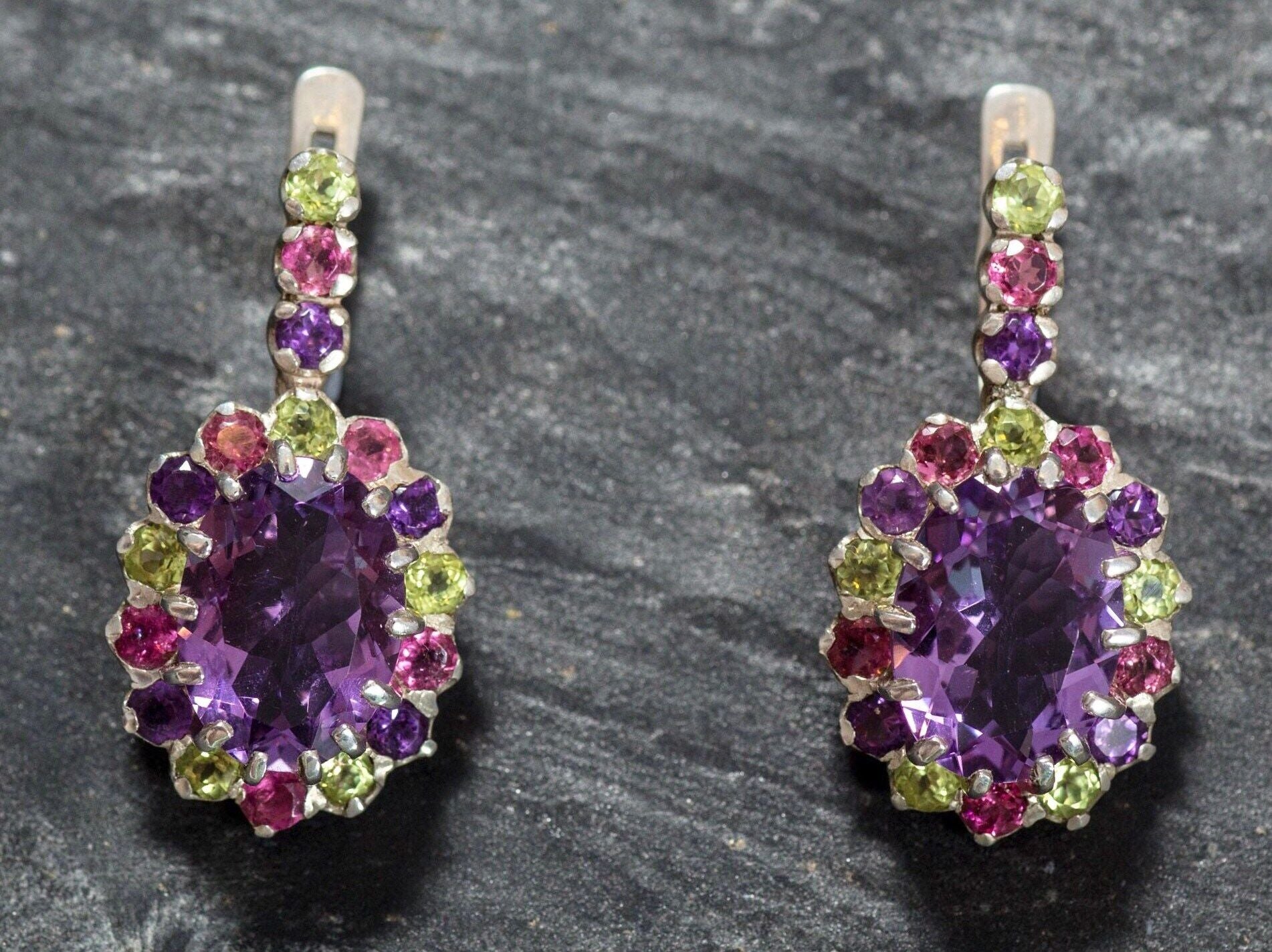 Amethyst Earrings, Natural Amethyst Earrings, Pink Tourmaline Earrings, Peridot Earrings, Princess Di Earrings, Silver Earrings, Amethyst