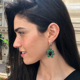 Large Flower Earrings, Created Emerald, Retro Earrings, Statement Earrings, Heavy Earrings, Long Green Earrings, Solid Silver Earrings, Onyx