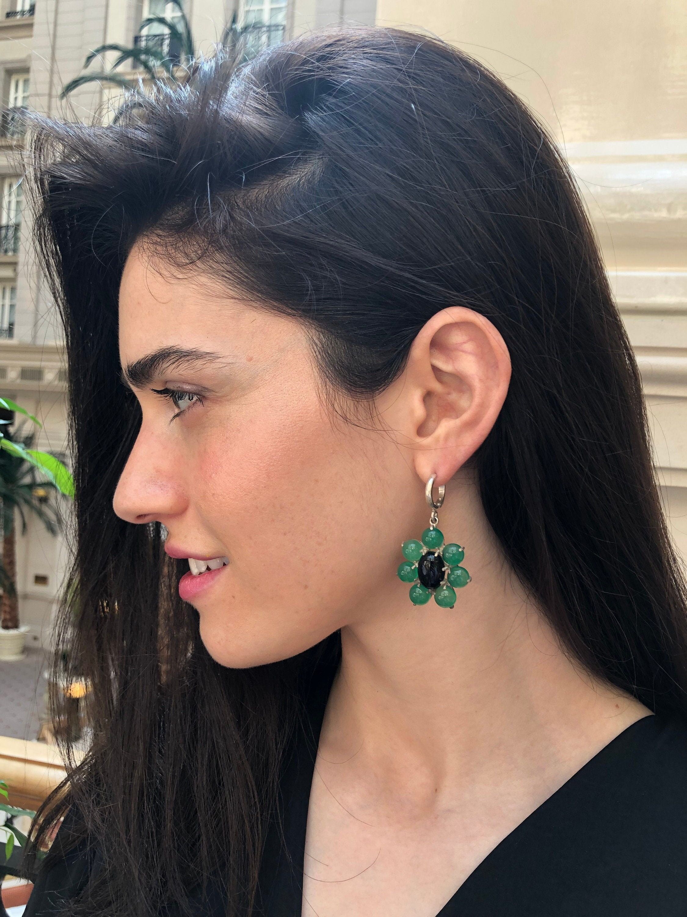 Large Flower Earrings, Created Emerald, Retro Earrings, Statement Earrings, Heavy Earrings, Long Green Earrings, Solid Silver Earrings, Onyx