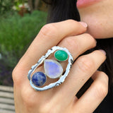 Large Boho Ring, Rainbow Moonstone Ring, Artisan Ring, Statement Ring, Big Bohemian Ring, Long Ring, Big Oval Ring, Sodalite, Chrysoprase
