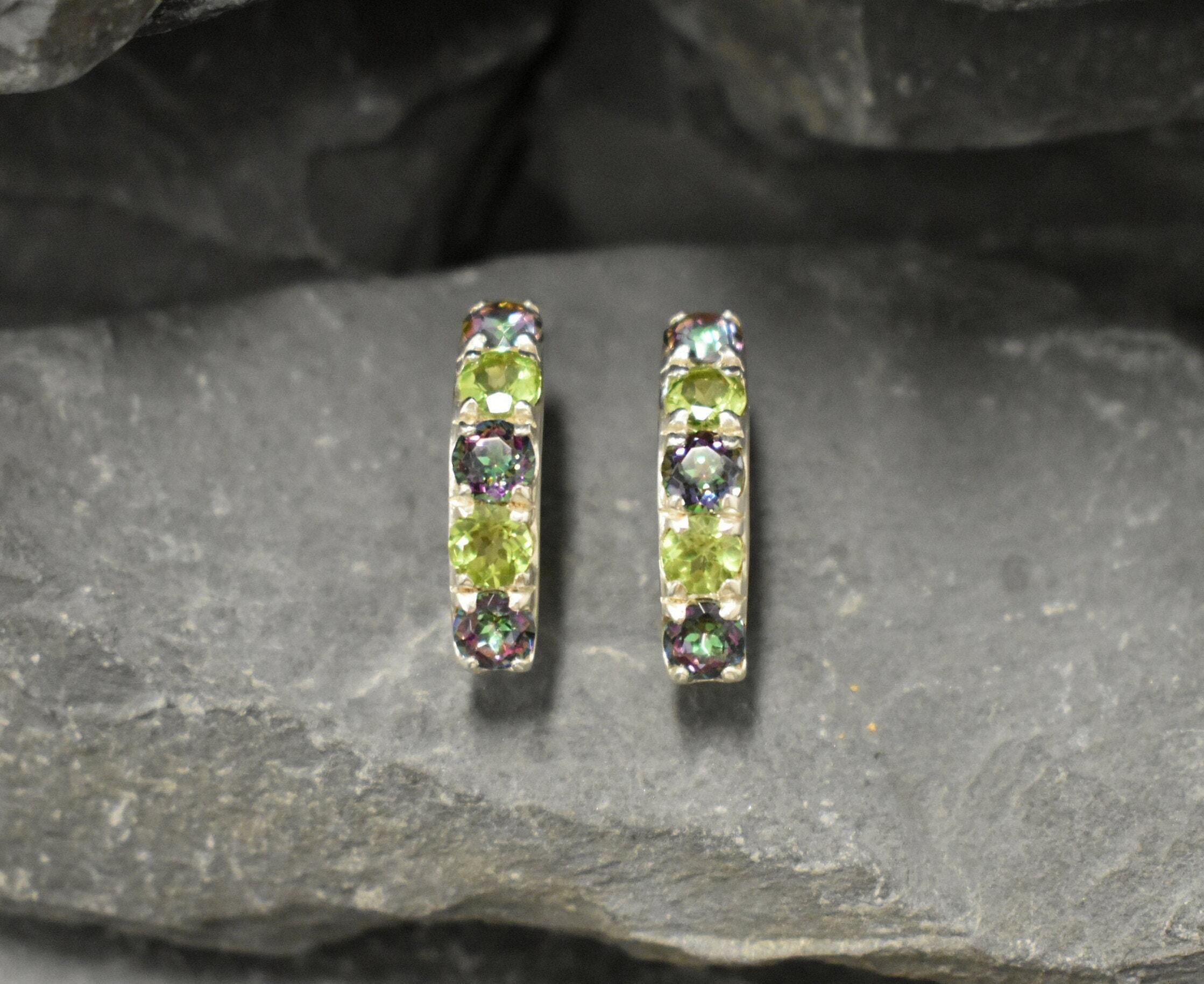 Vibrant hoop earrings set with Natural Mystic Topaz and Peridot, combining elegance with gemstone benefits, ideal for weddings or anniversaries