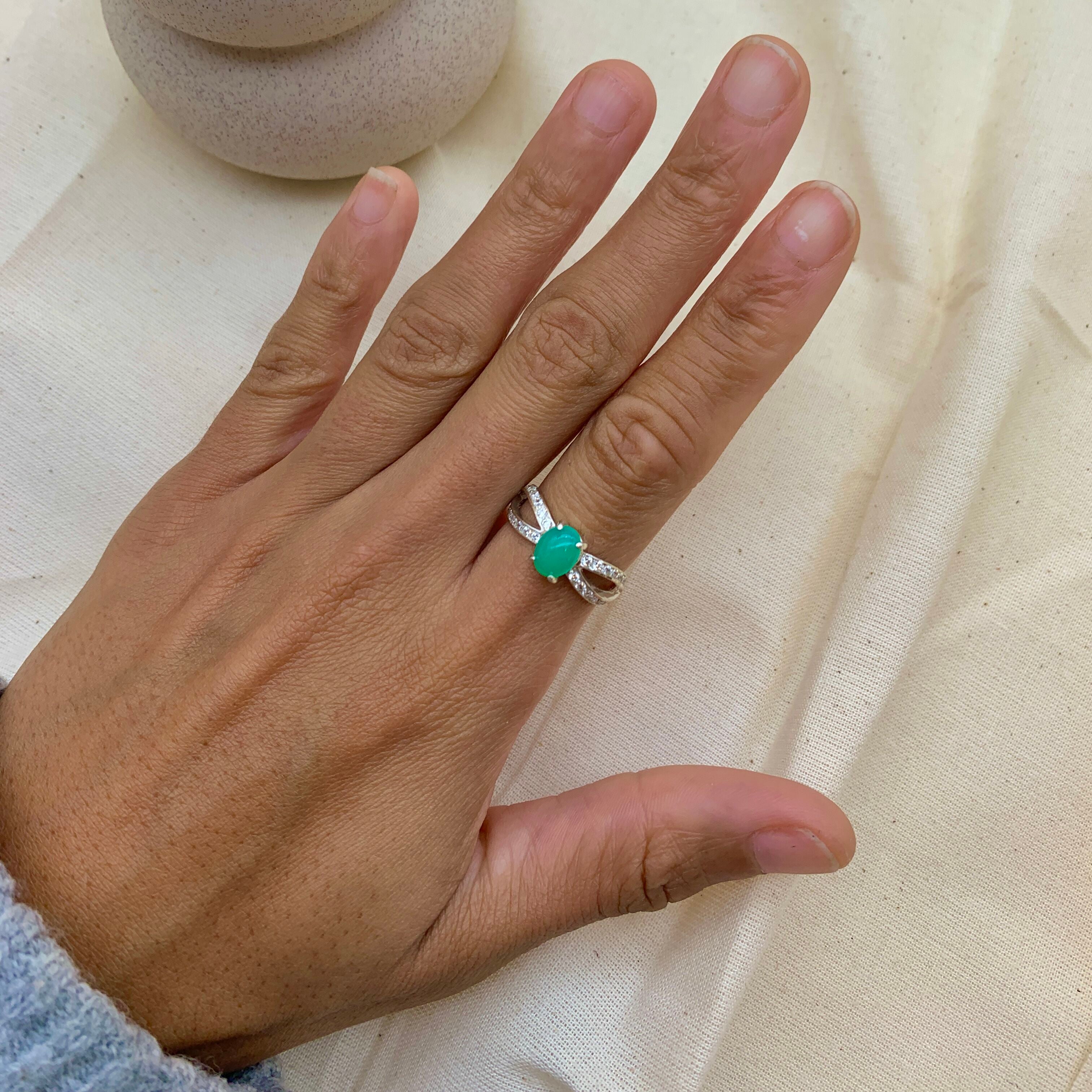 Vintage Chrysoprase Ring with small diamonds, set in Solid 925 Sterling Silver, ideal for engagement ring