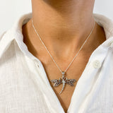 Handcrafted Silver Dragonfly Necklace, Insect Necklace, Vintage Dragonfly Pendant worn by model