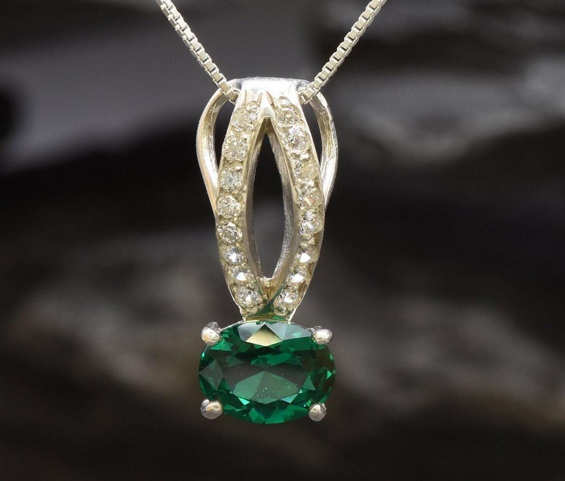 Created Emerald Pendant made in 925 Sterling Silver with Oval Created Green Emerald in Solitaire with Accents setting, May Birthstone gift idea, symbolizes, ideal for everyday wear and perfect for birthday gifting and special occasions.