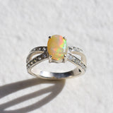 Vintage Fire Opal Ring - Real Opal Promise Ring - Split Paved Band
