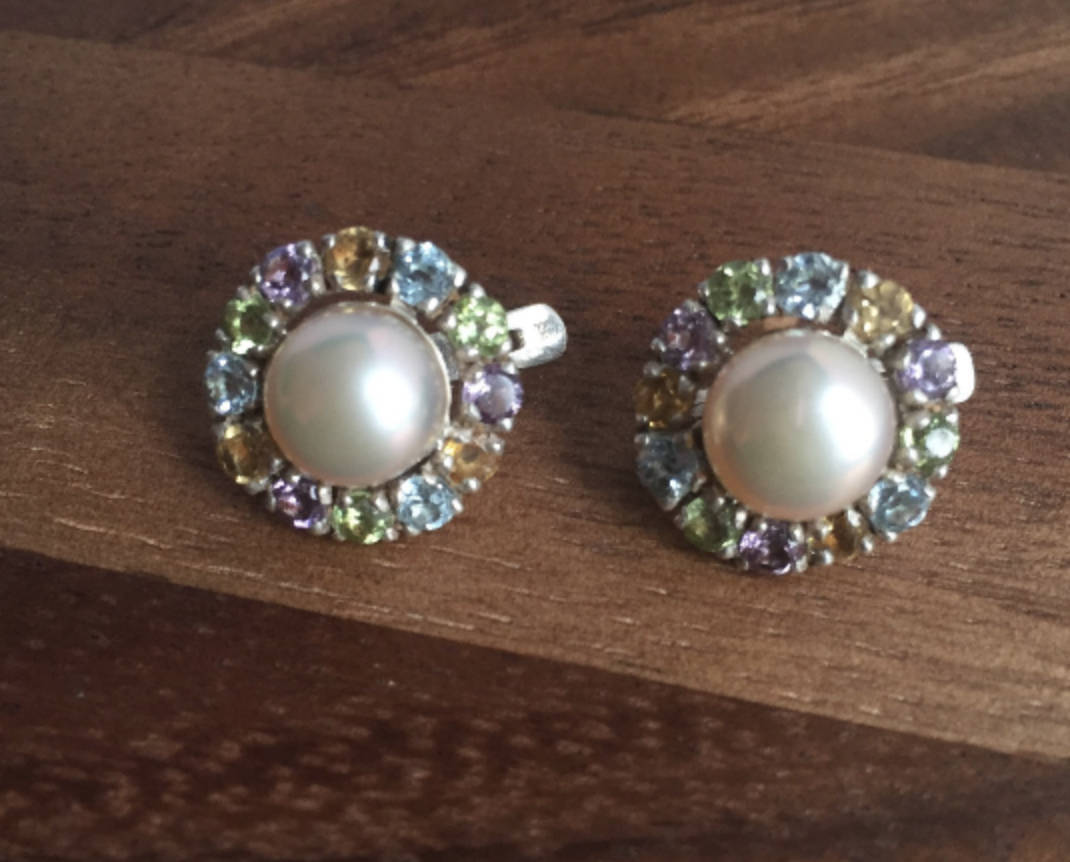 Vintage-style Natural Pearl earrings featuring Amethyst, Citrine, and Topaz, known to uplift mood and focus, perfect accessory for classy dinners or holiday events.