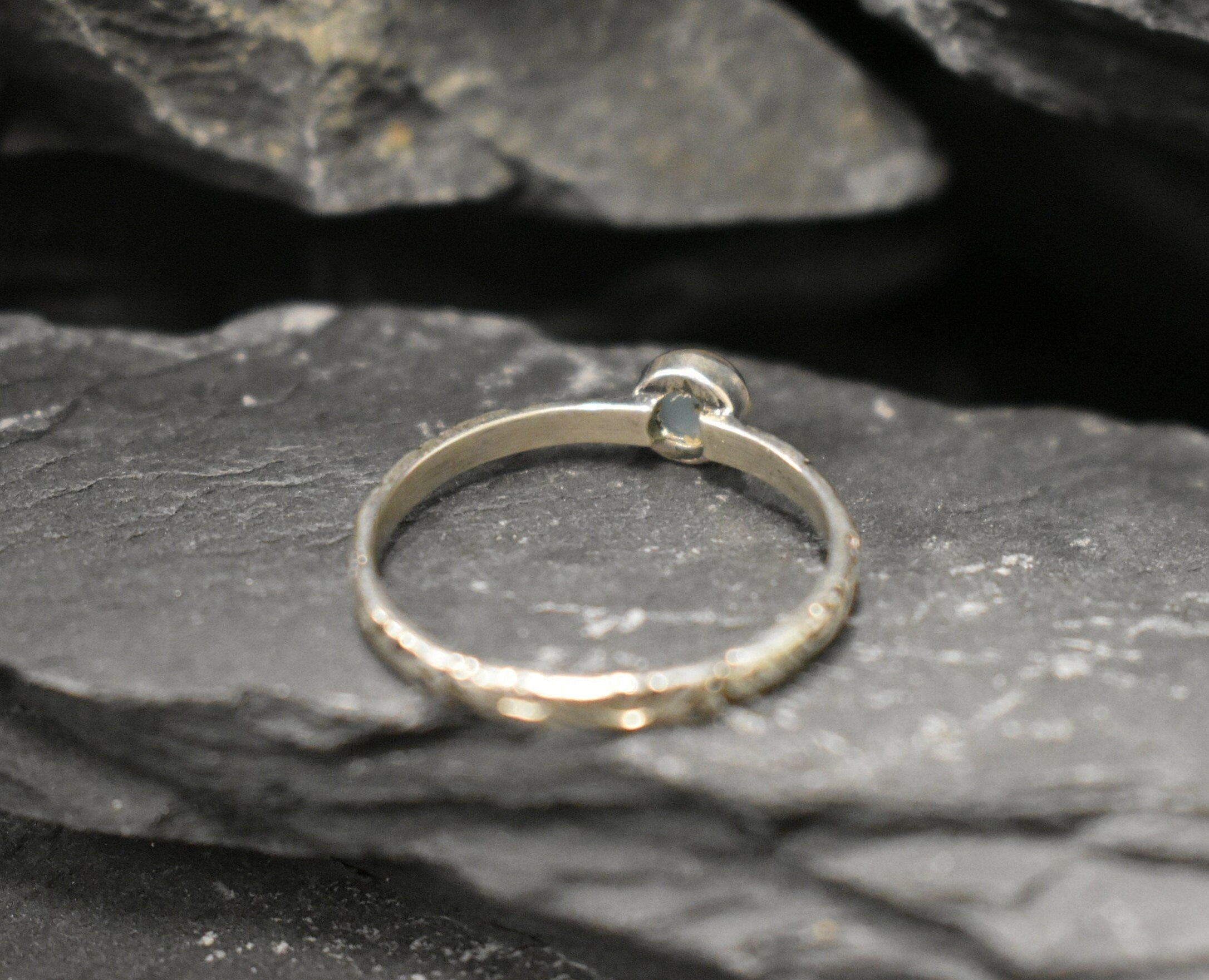 Sterling silver vintage band with calming Larimar, perfect for boho brides or spring birthdays.