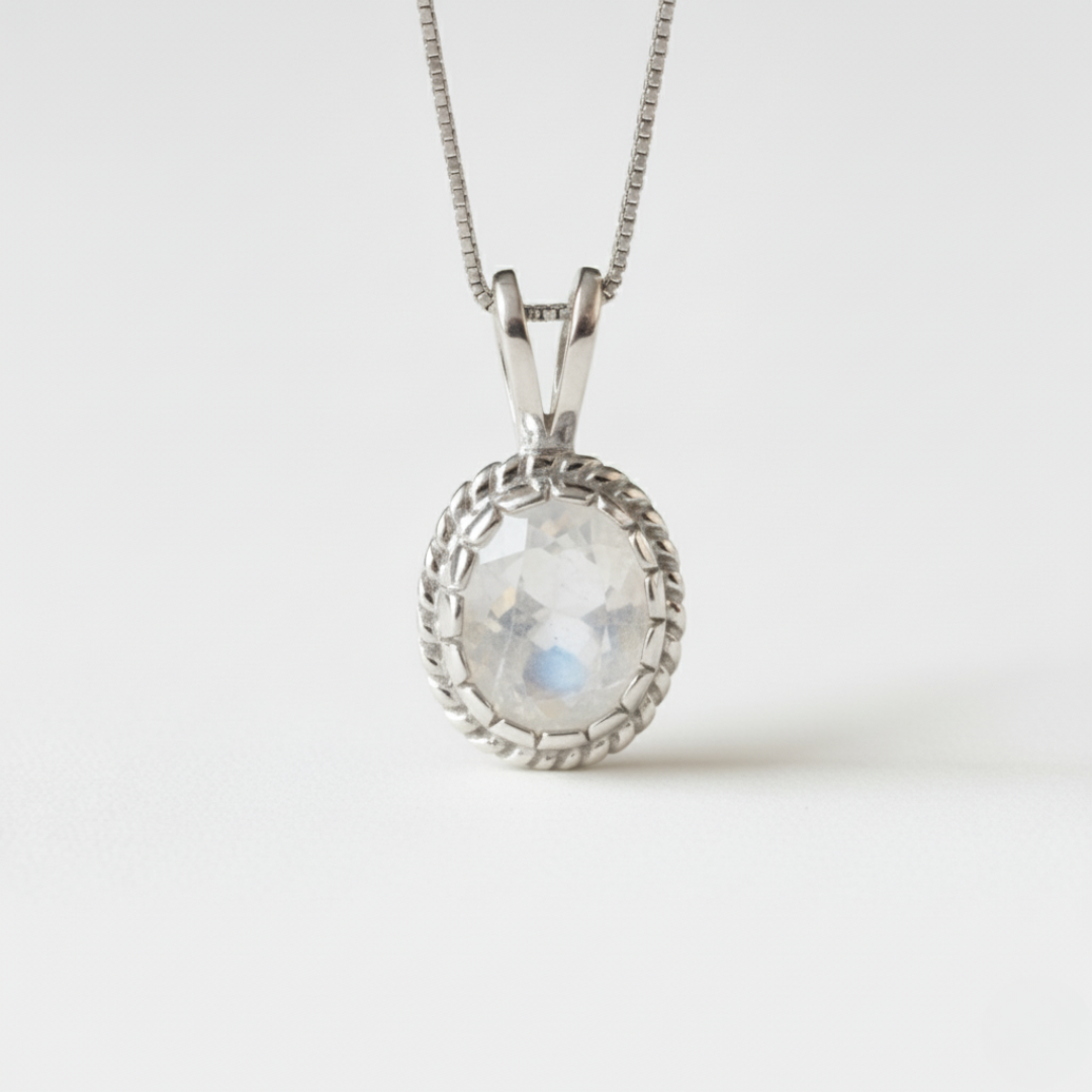 Natural Moonstone Pendant made in 925 Sterling Silver with Oval Natural Rainbow Moonstone in Solitaire setting, June Birthstone gift idea, symbolizes hope, healing, and protection, ideal for everyday wear and perfect for birthday gifting and special occasions.