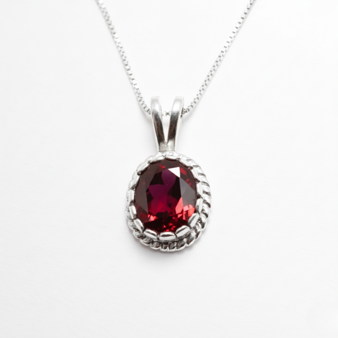 Created Ruby Pendant made in 925 Sterling Silver with Oval Created Red Ruby in Solitaire setting, July Birthstone gift idea, symbolizes nobility, purity, and passion, ideal for everyday wear and perfect for birthday gifting and special occasions.