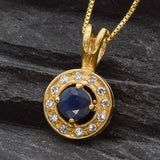 Natural Sapphire Pendant made in 18k Gold Vermeil with Round Natural Blue Sapphire in Halo setting, September Birthstone gift idea, symbolizes sincerity, truth, and faithfulness, ideal for everyday wear and perfect for birthday gifting and special occasions.