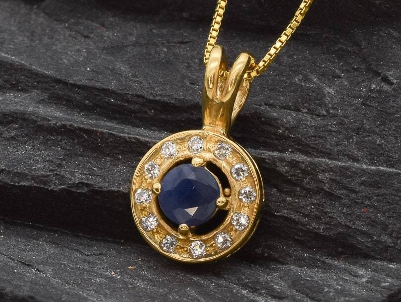 Natural Sapphire Pendant made in 18k Gold Vermeil with Round Natural Blue Sapphire in Halo setting, September Birthstone gift idea, symbolizes sincerity, truth, and faithfulness, ideal for everyday wear and perfect for birthday gifting and special occasions.