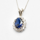 Created Sapphire Pendant made in 925 Sterling Silver with Oval Created Blue Sapphire in Halo setting, September Birthstone gift idea, symbolizes sincerity, truth, and faithfulness, ideal for everyday wear and perfect for birthday gifting and special occasions.