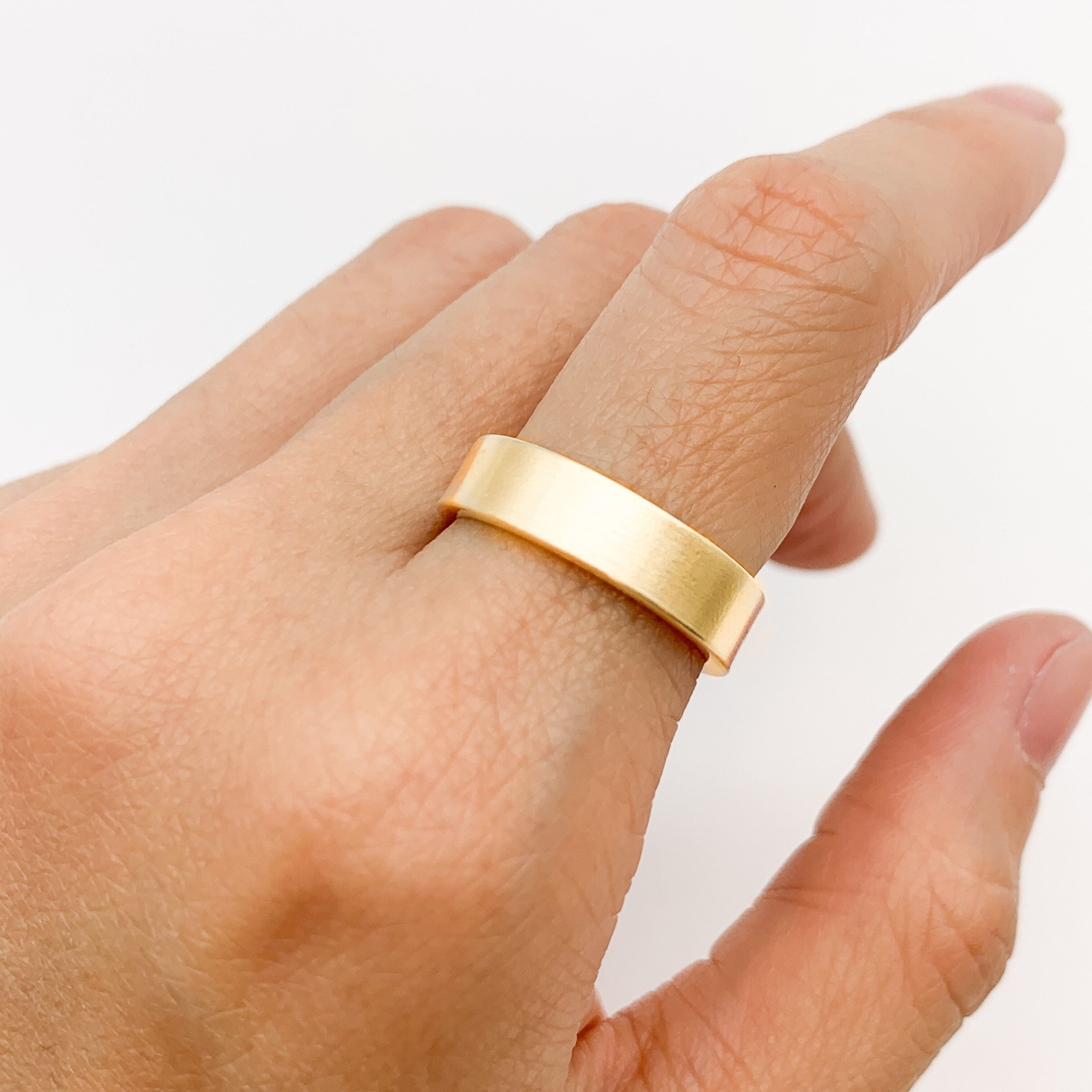 Wide Gold Band, Thick Gold Ring worn on index finger