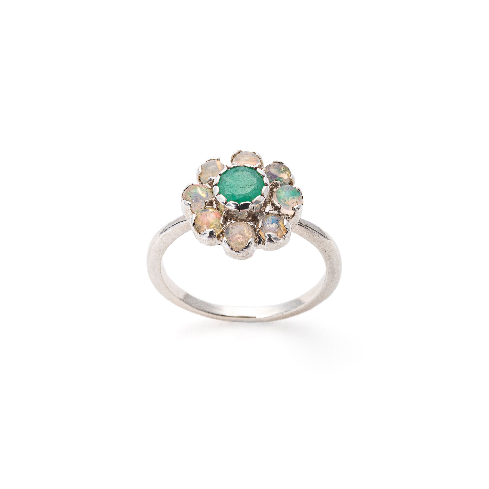 Vintage Flower Opal Ring with Emerald in Center