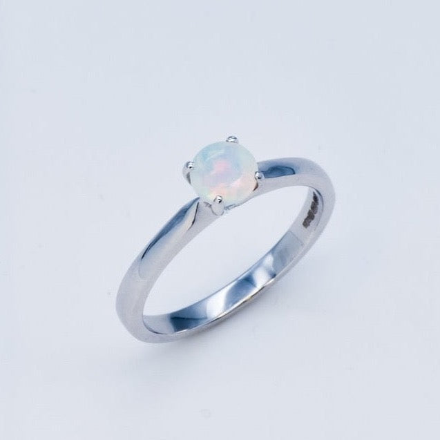 Round Fire Opal Ring, Solid 18k White Gold Ring, Engagement Ring, Certified Opal Ring