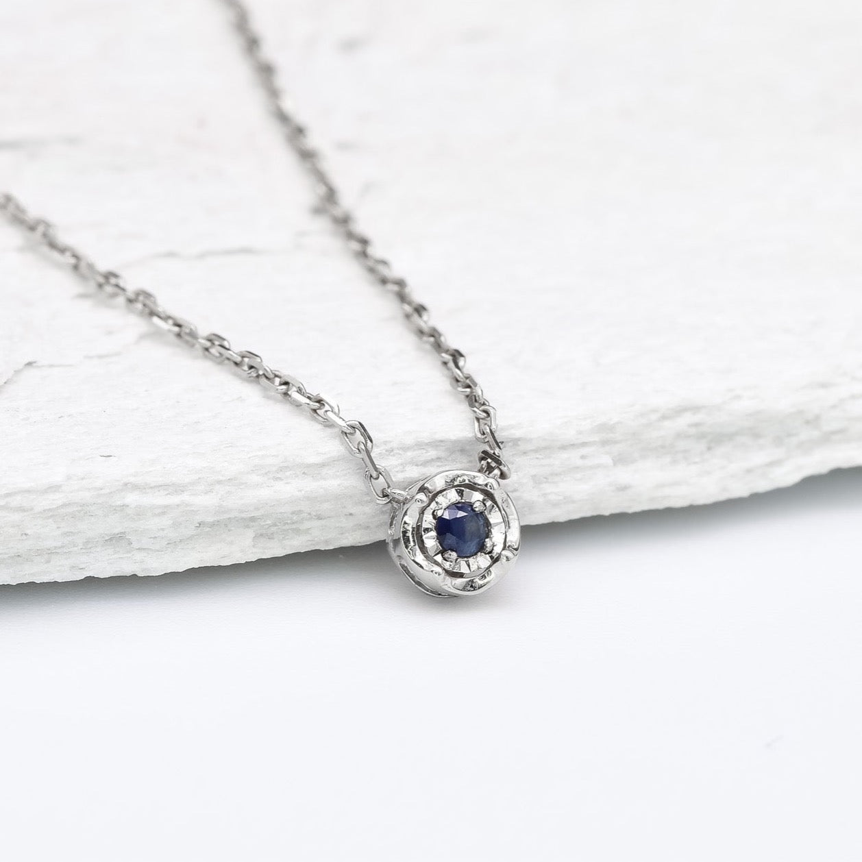 Dainty Sapphire Necklace, Natural Sapphire Necklace, Round White Gold Necklace, Minimalist Sapphire Necklace
