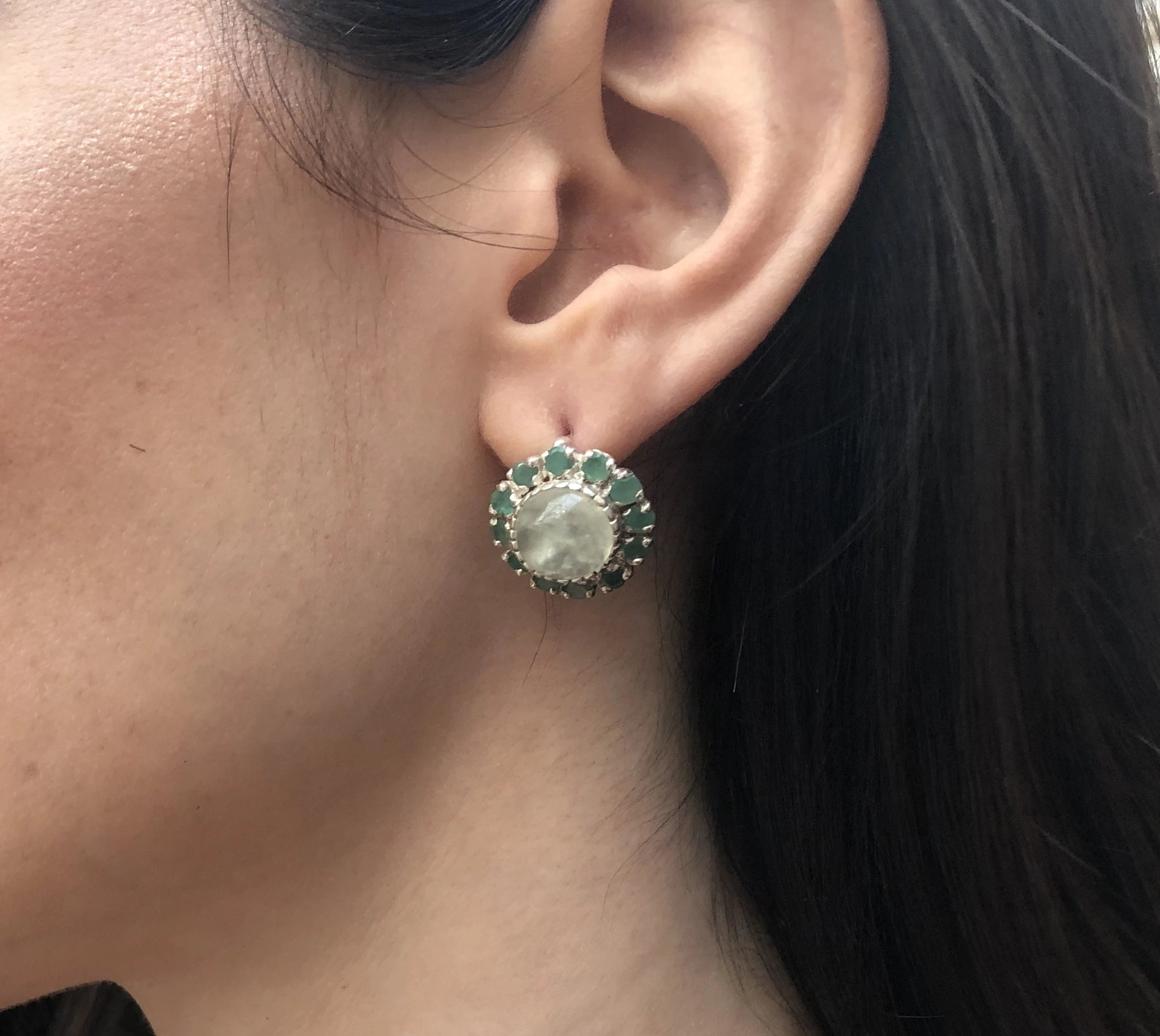 Victorian Earrings, Prehnite Earrings, Flower Earrings, May Birthstone, Green Earrings, Large Studs, Heavy Studs, Silver Earrings