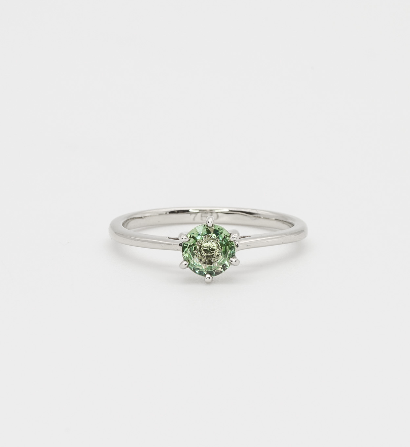 Green Sapphire Ring, Solid 18k White Gold Ring, Classy Round Engagement Ring, 6-Prong Ring