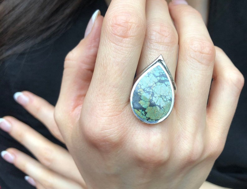 Turquoise Ring, Natural Turquoise, Teardrop Design, December Birthstone, Vintage Statement Ring