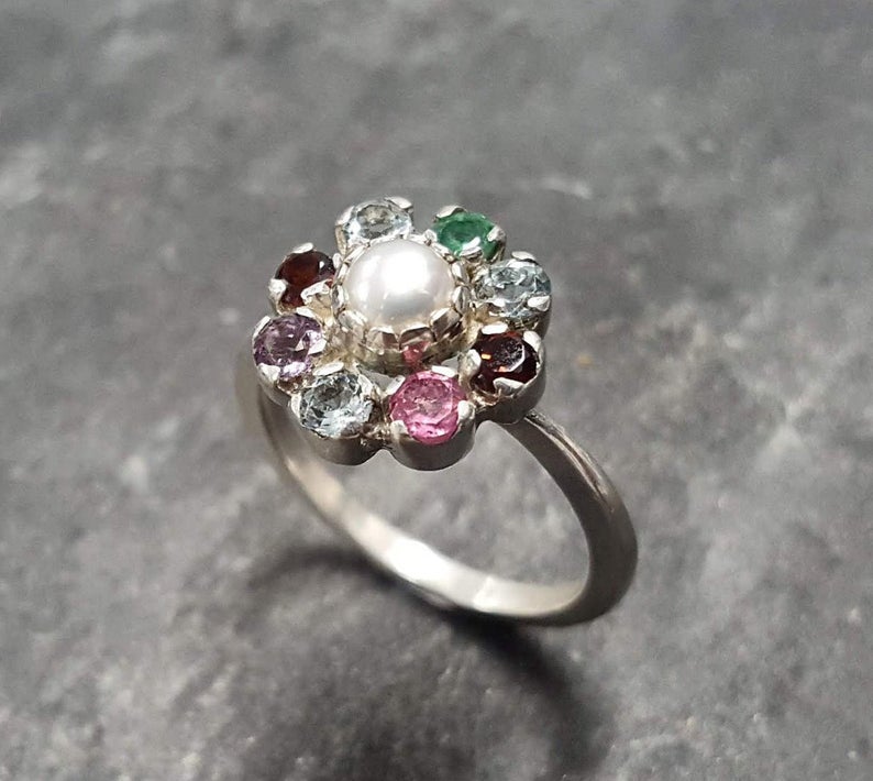 Mother's Ring, Birthstone Ring, Customizable Ring, Children Ring, DIY Custom Made Ring, Solid Silver Ring, Flower Ring