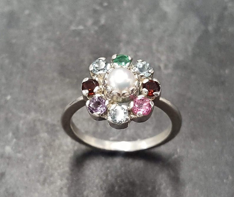 Custom Flower Birthstone Diamond Ring