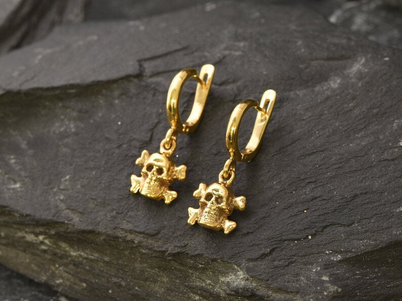 Gold Skull Earrings, Vintage Earrings, Gothic Earrings, Artisan Earrings, Antique Earrings, Skeleton Earrings, Gold Vermeil, 18K Gold Plated