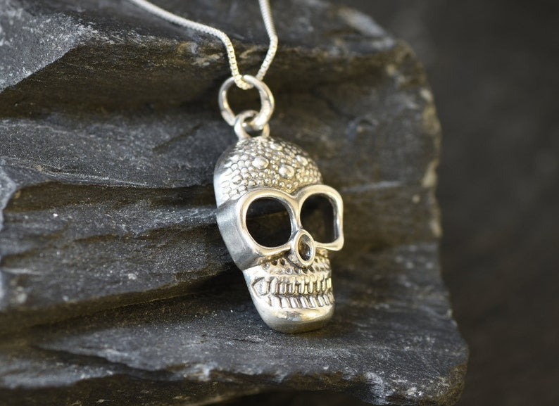 Silver Skull Pendant, Vintage Skull Necklace, Statement Skull
