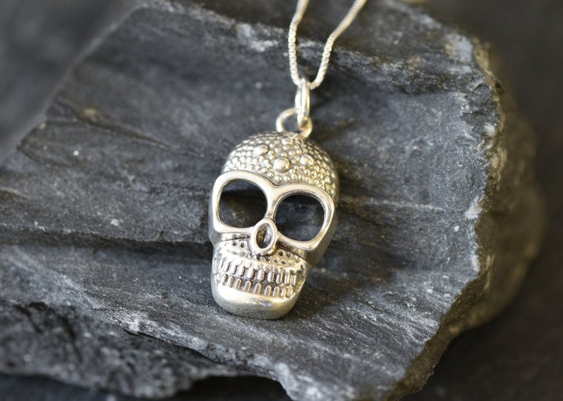 Silver Skull Pendant, Skull Necklace, Large Skull Pendant, Solid Silver Pendant, Los Muertos Pendant, Sugar Skull Pendant, Sterling Silver