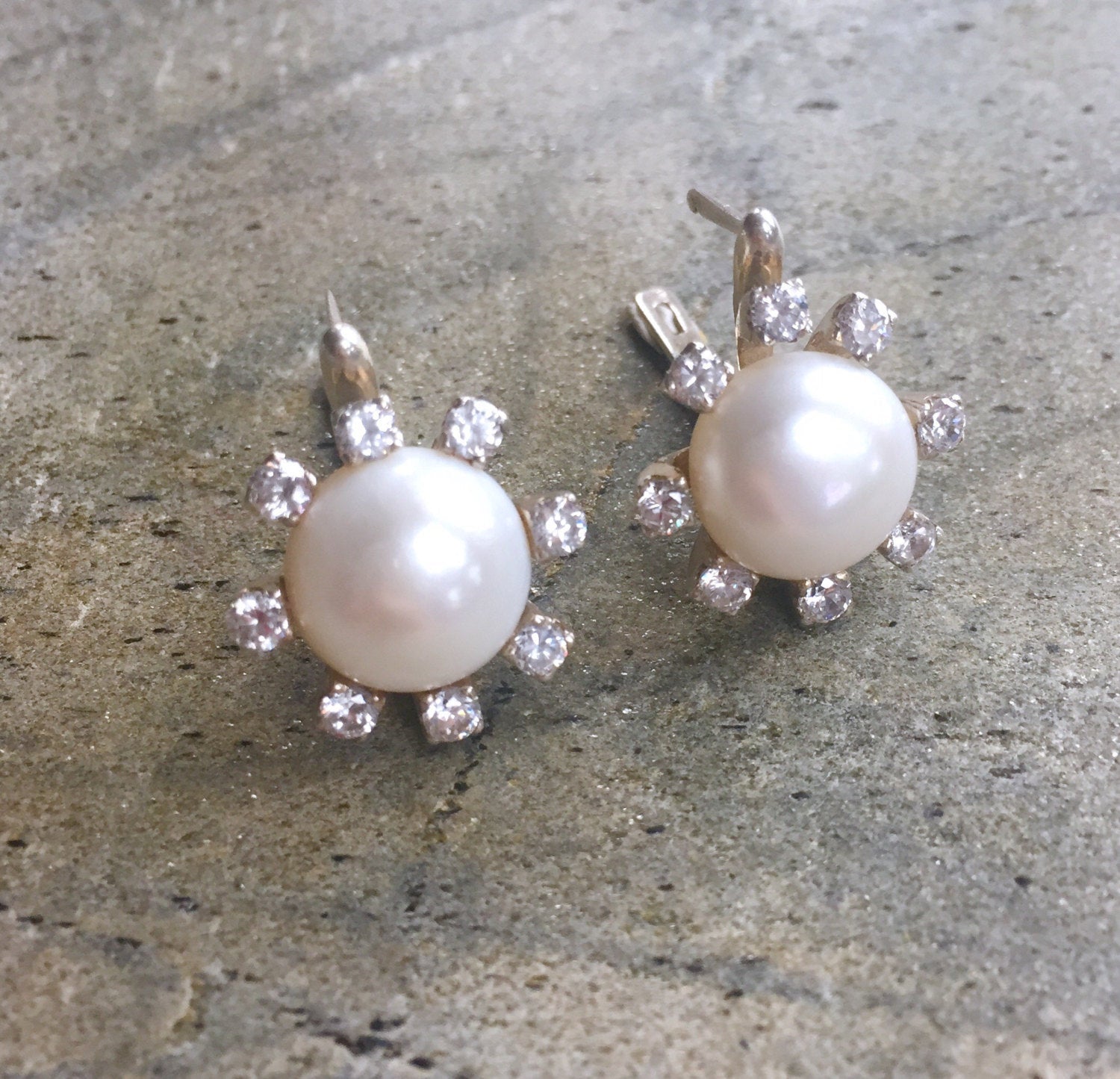 Pearl Earrings, Natural Pearl, Vintage Pearl Earrings, Antique Earrings, Pearl and Diamond, CZ Diamonds, Pure Silver, Silver Earrings