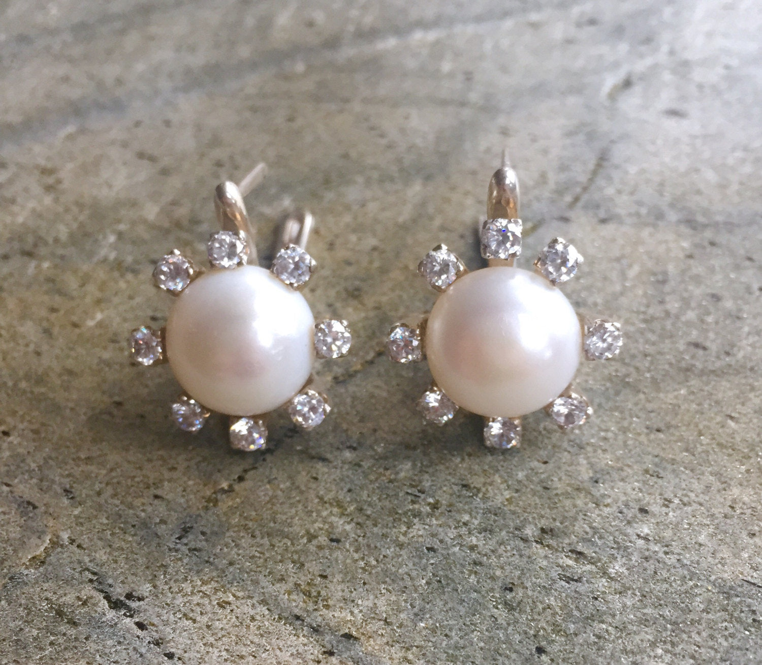 Pearl Earrings, Natural Pearl, Vintage Pearl Earrings, Antique Earrings, Pearl and Diamond, CZ Diamonds, Pure Silver, Silver Earrings