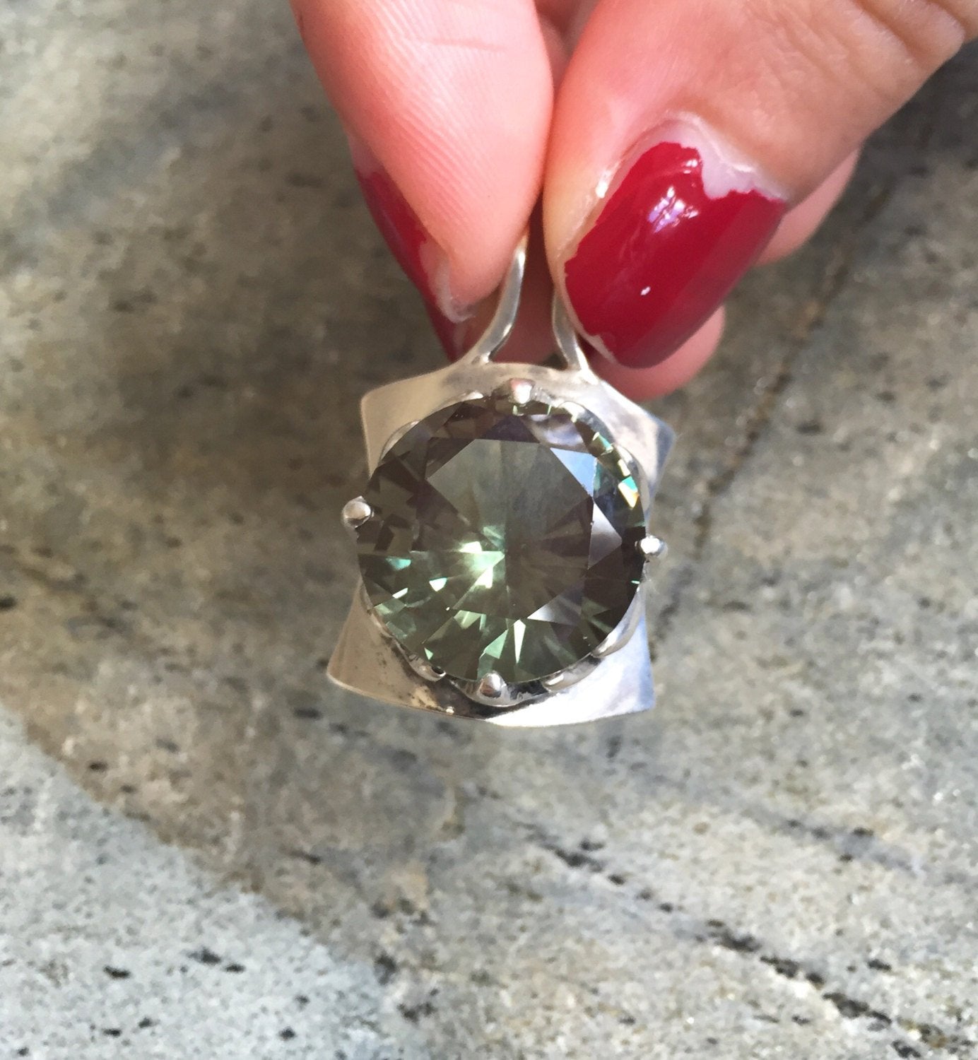 Green Pendant, Green Diamond, Created Diamond, 18 Carats, Vintage Pendant, Green Stone, Large Gem, Solid Silver, Silver Pendant, Pure Silver