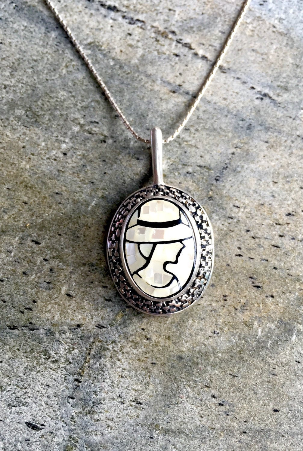 Mosaic Pendant, Cameo Pendant, Lady Pendant, Victorian Pendant, Vintage Pendant, Roman Pendant, Carved Pendant, Silver Pendant, Solid Silver