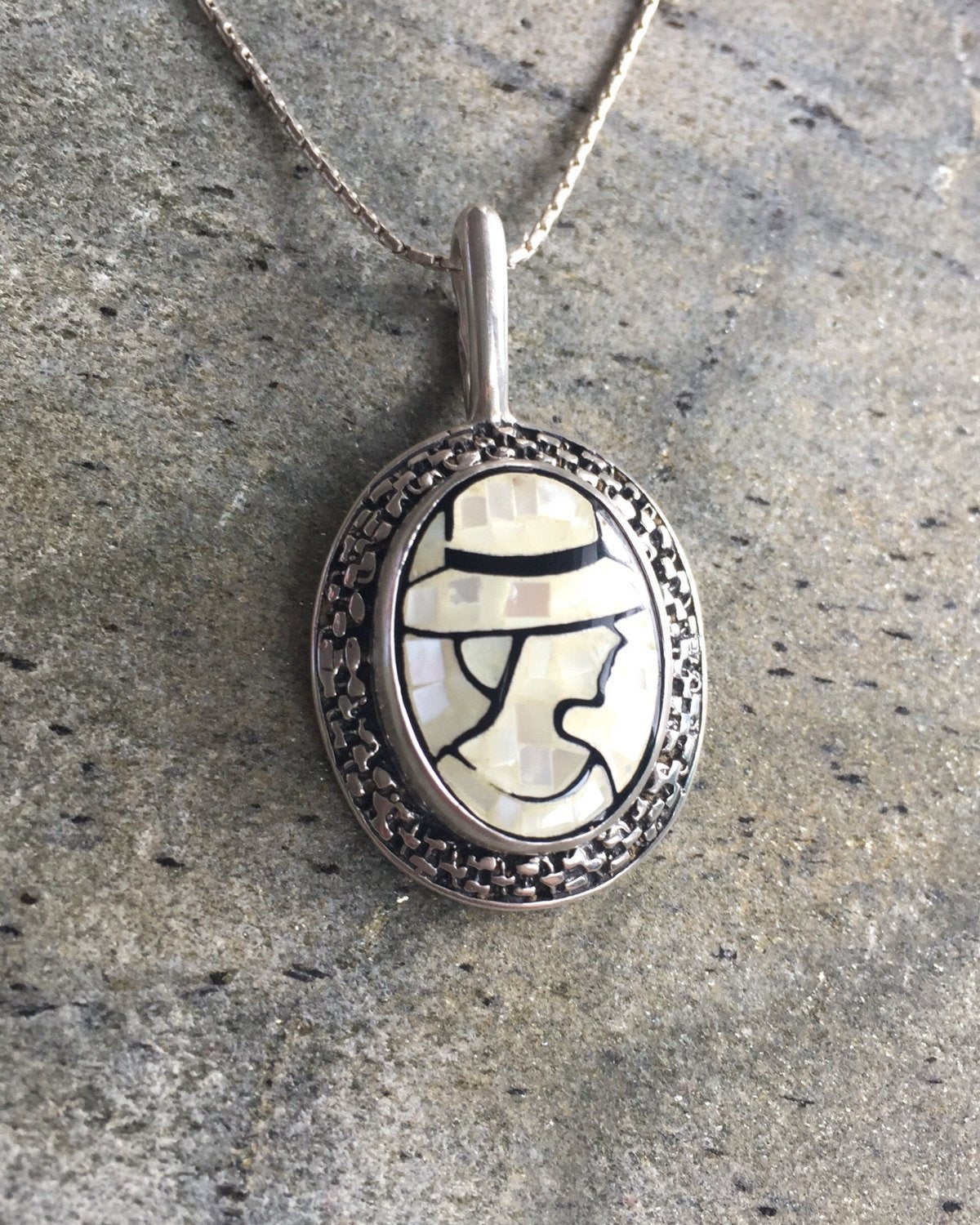 Mosaic Pendant, Cameo Pendant, Lady Pendant, Victorian Pendant, Vintage Pendant, Roman Pendant, Carved Pendant, Silver Pendant, Solid Silver