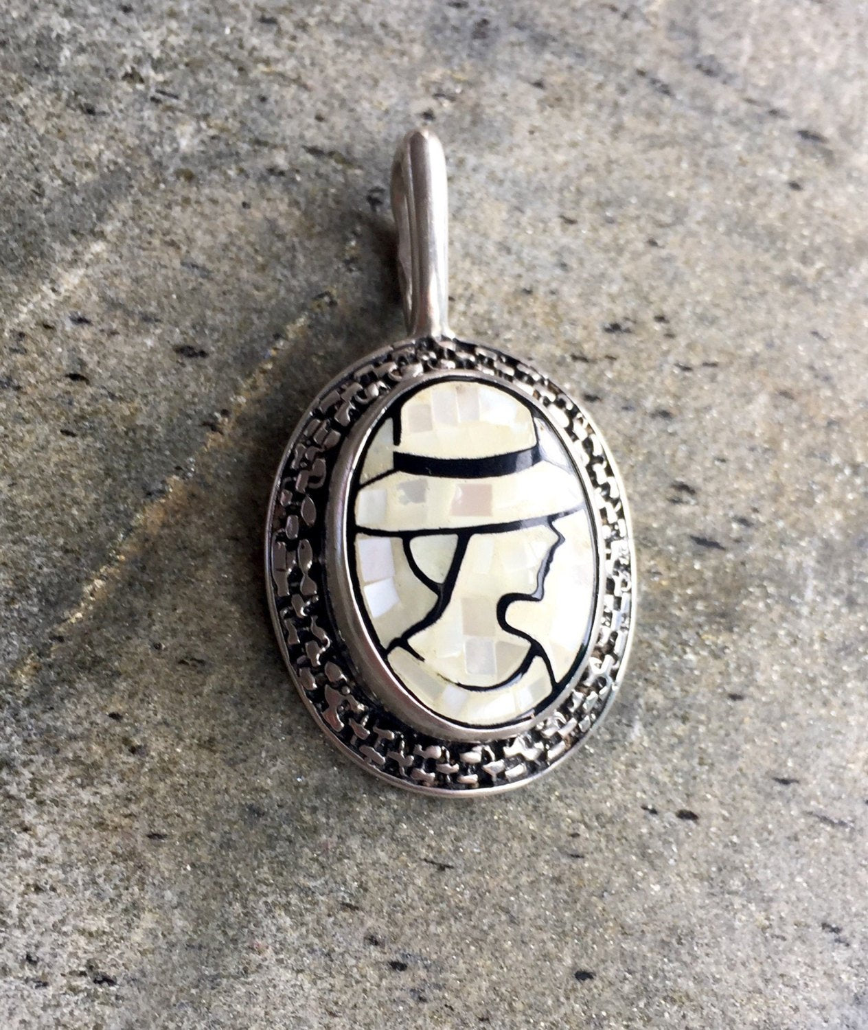 Mosaic Pendant, Cameo Pendant, Lady Pendant, Victorian Pendant, Vintage Pendant, Roman Pendant, Carved Pendant, Silver Pendant, Solid Silver