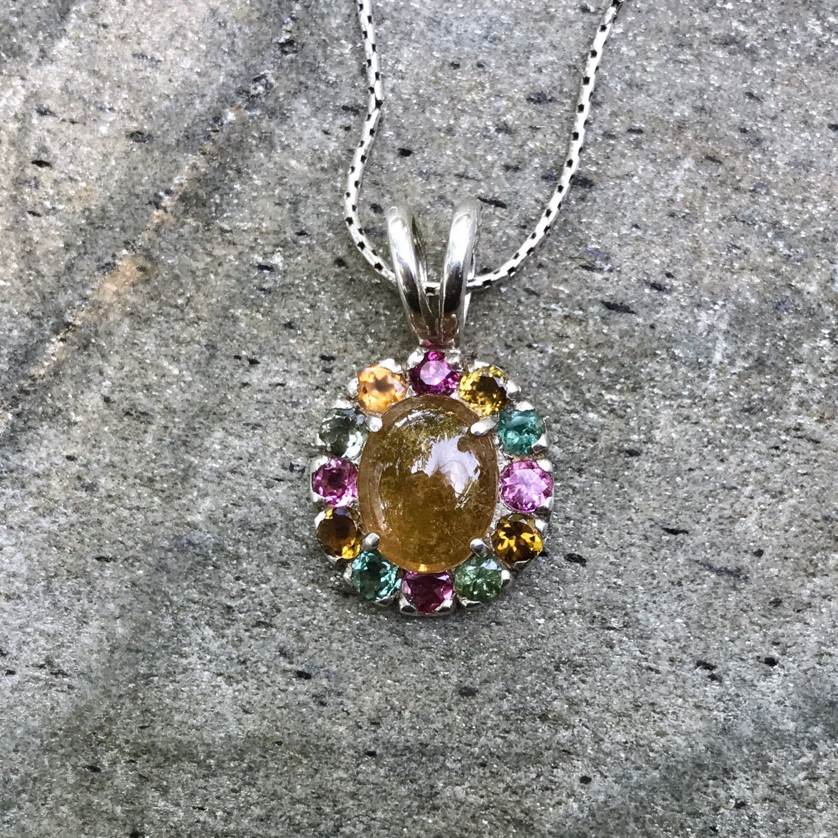 Tourmaline Pendant, Natural Tourmaline, Yellow Tourmaline, Pink Tourmaline, October Birthstone, Birthstones, Vintage Pendant, Solid Silver